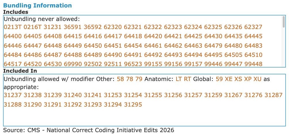 CodingToday CPT detail page for code 31233: Bundling information